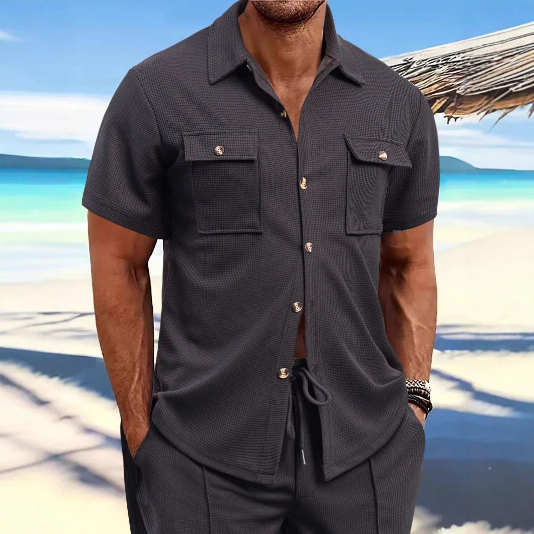 Men's Linen Cardigan Short Sleeve Button-Up Shirt Summer Beach Wear Drawstring Pocket Solid/Print Knitted Fabric Casual Style  Shirts