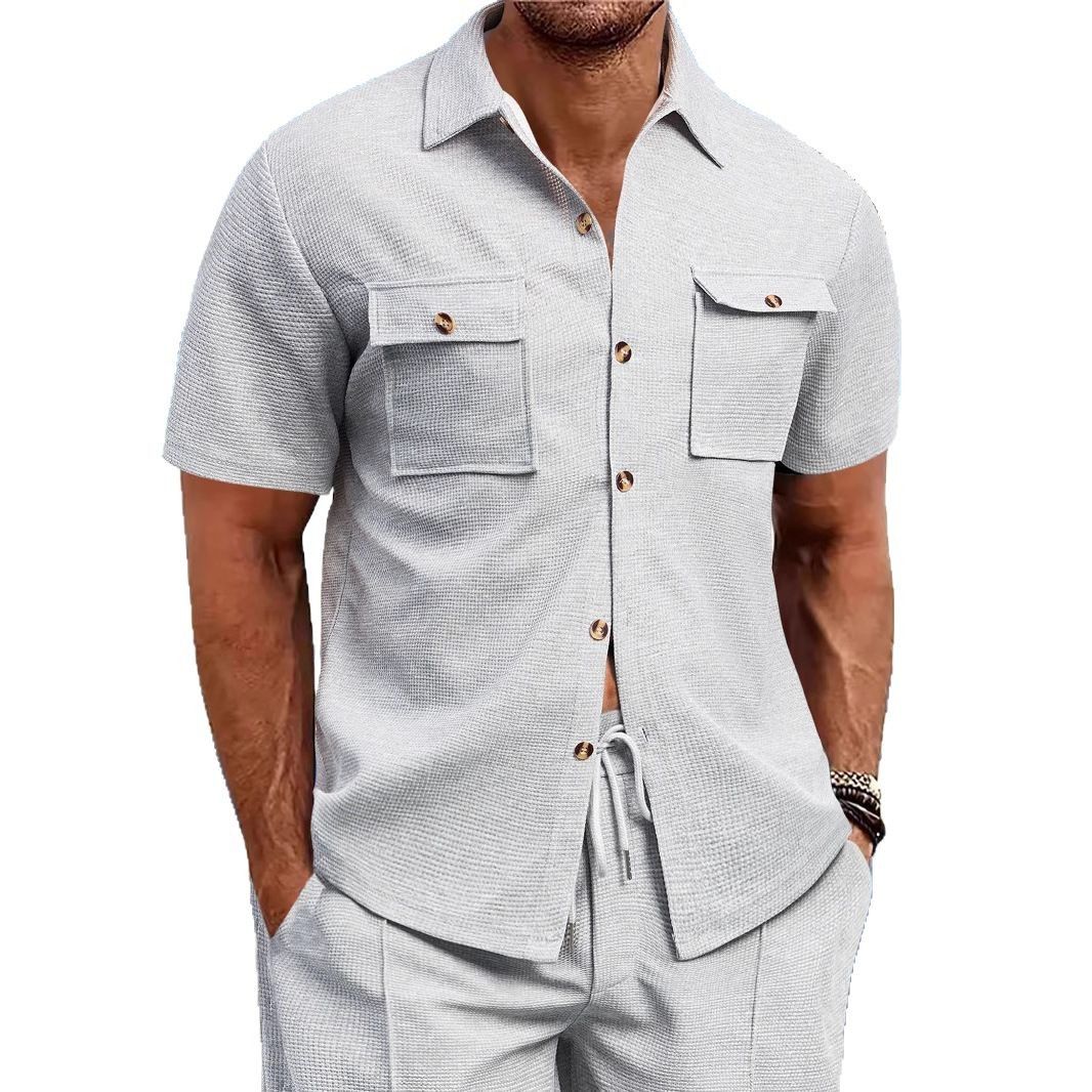 Men's Linen Cardigan Short Sleeve Button-Up Shirt Summer Beach Wear Drawstring Pocket Solid/Print Knitted Fabric Casual Style  Shirts