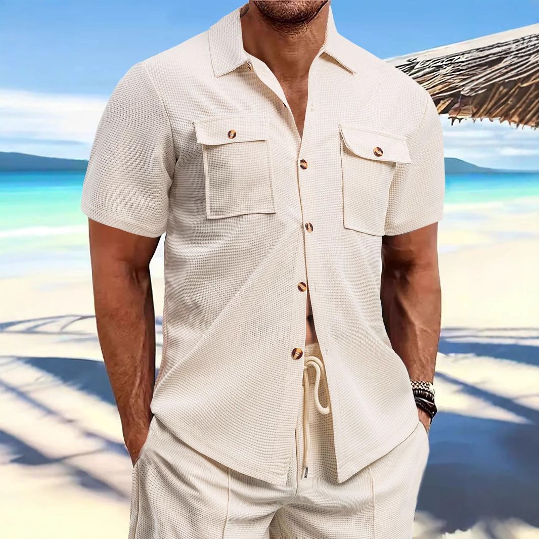 Men's Linen Cardigan Short Sleeve Button-Up Shirt Summer Beach Wear Drawstring Pocket Solid/Print Knitted Fabric Casual Style  Shirts