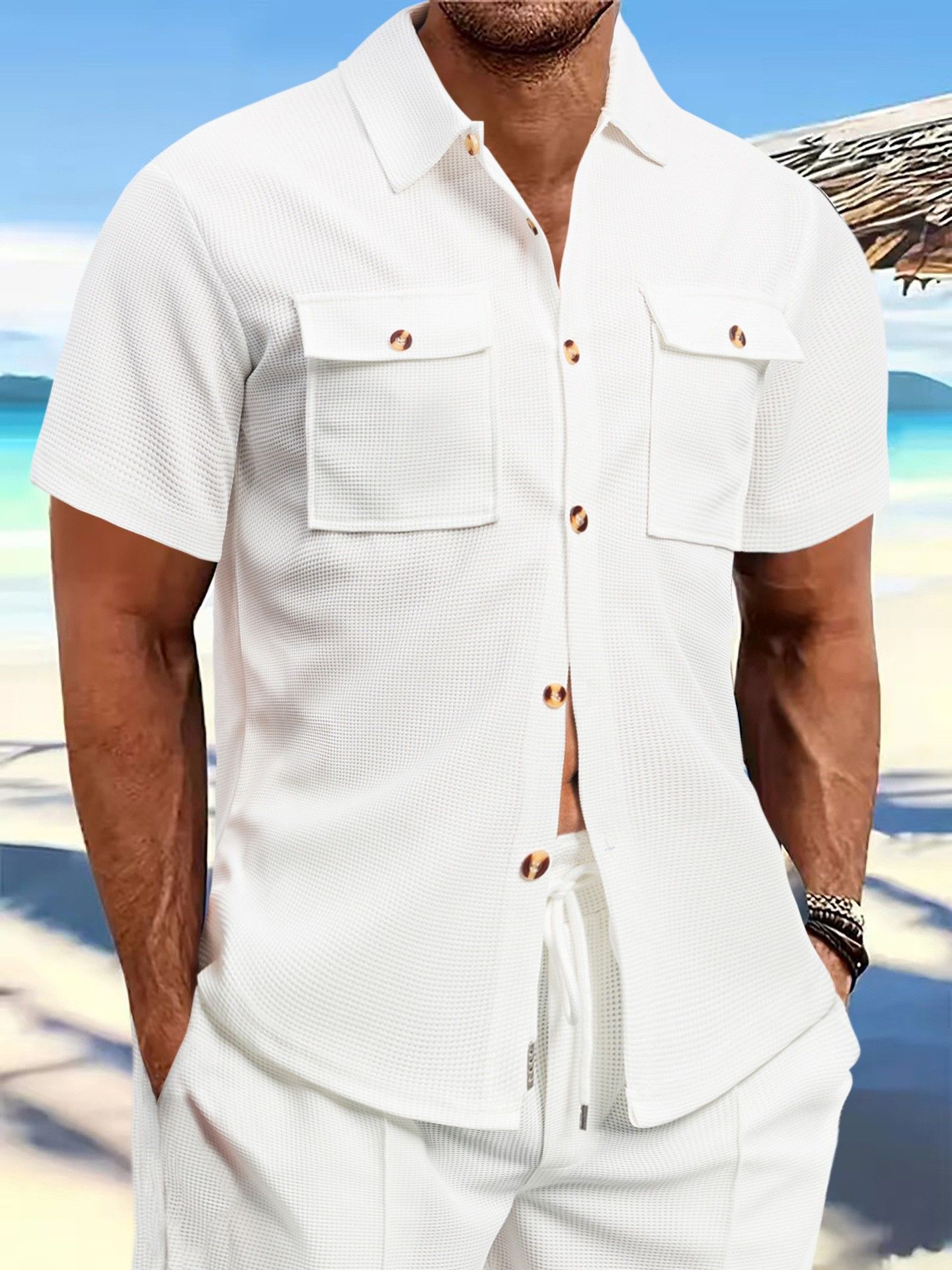 Men's Linen Cardigan Short Sleeve Button-Up Shirt Summer Beach Wear Drawstring Pocket Solid/Print Knitted Fabric Casual Style  Shirts
