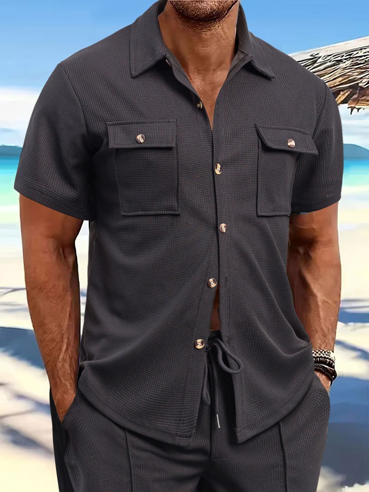 Men's Linen Cardigan Short Sleeve Button-Up Shirt Summer Beach Wear Drawstring Pocket Solid/Print Knitted Fabric Casual Style  Shirts