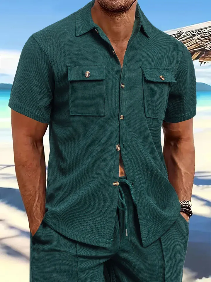 Men's Linen Cardigan Short Sleeve Button-Up Shirt Summer Beach Wear Drawstring Pocket Solid/Print Knitted Fabric Casual Style  Shirts