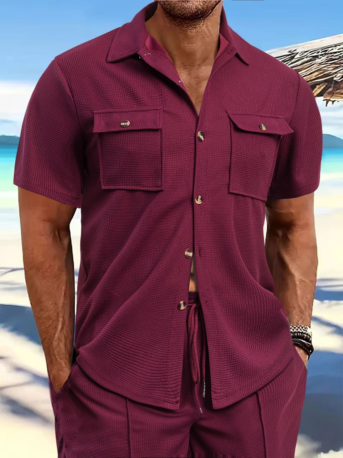 Men's Linen Cardigan Short Sleeve Button-Up Shirt Summer Beach Wear Drawstring Pocket Solid/Print Knitted Fabric Casual Style  Shirts