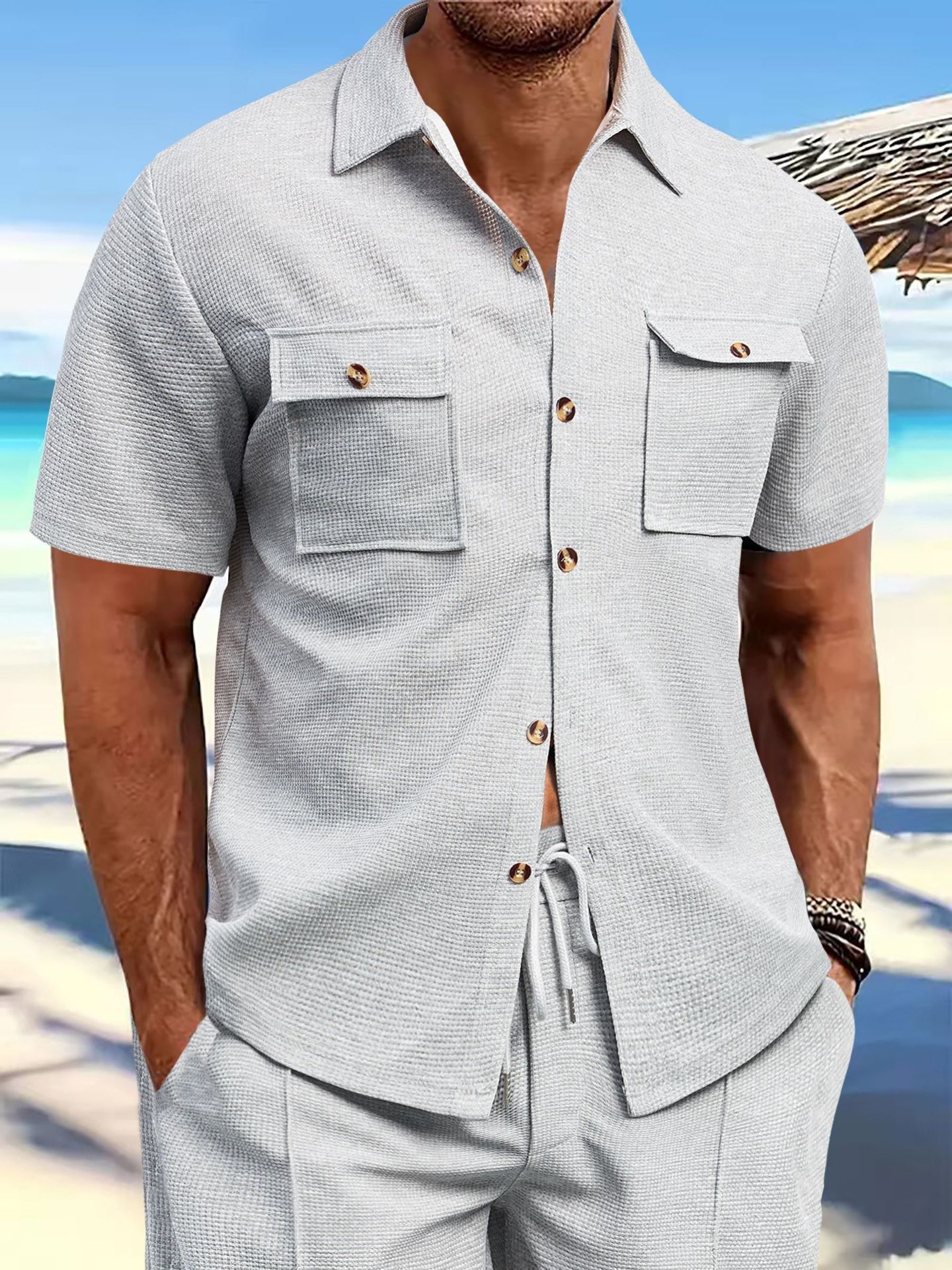Men's Linen Cardigan Short Sleeve Button-Up Shirt Summer Beach Wear Drawstring Pocket Solid/Print Knitted Fabric Casual Style  Shirts