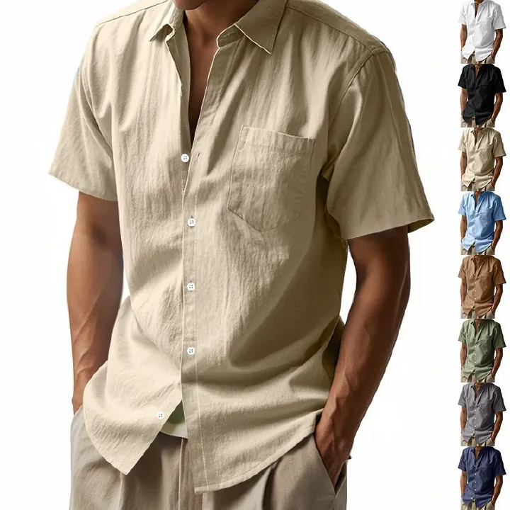 Summer Solid Color Linen Lapel Short Sleeved Shirt for Men Loose Casual Pocket Shirt