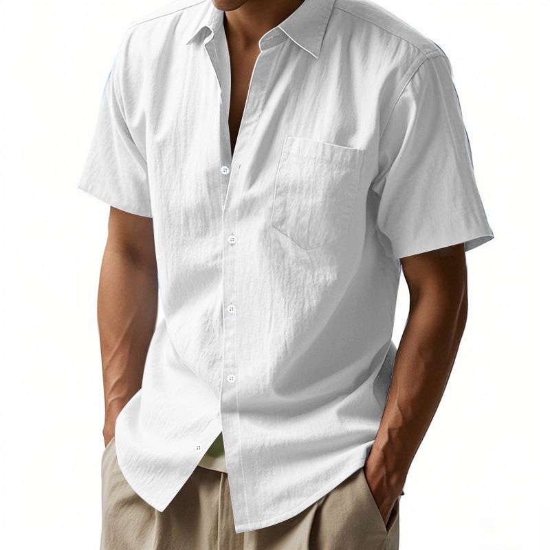 Summer Solid Color Linen Lapel Short Sleeved Shirt for Men Loose Casual Pocket Shirt