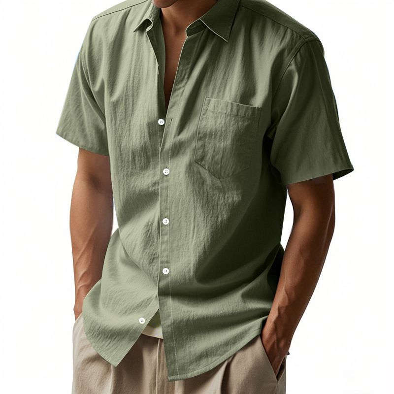 Summer Solid Color Linen Lapel Short Sleeved Shirt for Men Loose Casual Pocket Shirt