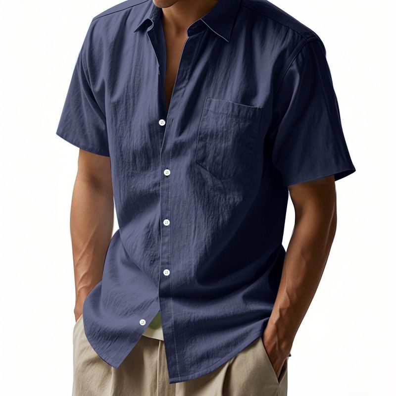 Summer Solid Color Linen Lapel Short Sleeved Shirt for Men Loose Casual Pocket Shirt