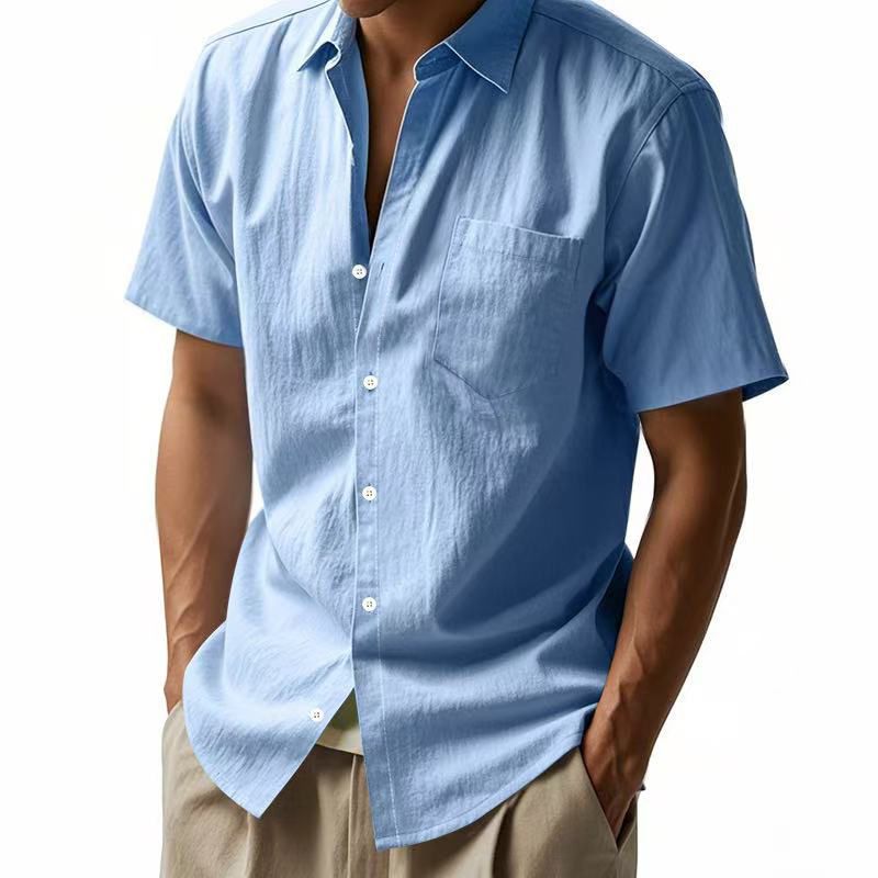 Summer Solid Color Linen Lapel Short Sleeved Shirt for Men Loose Casual Pocket Shirt