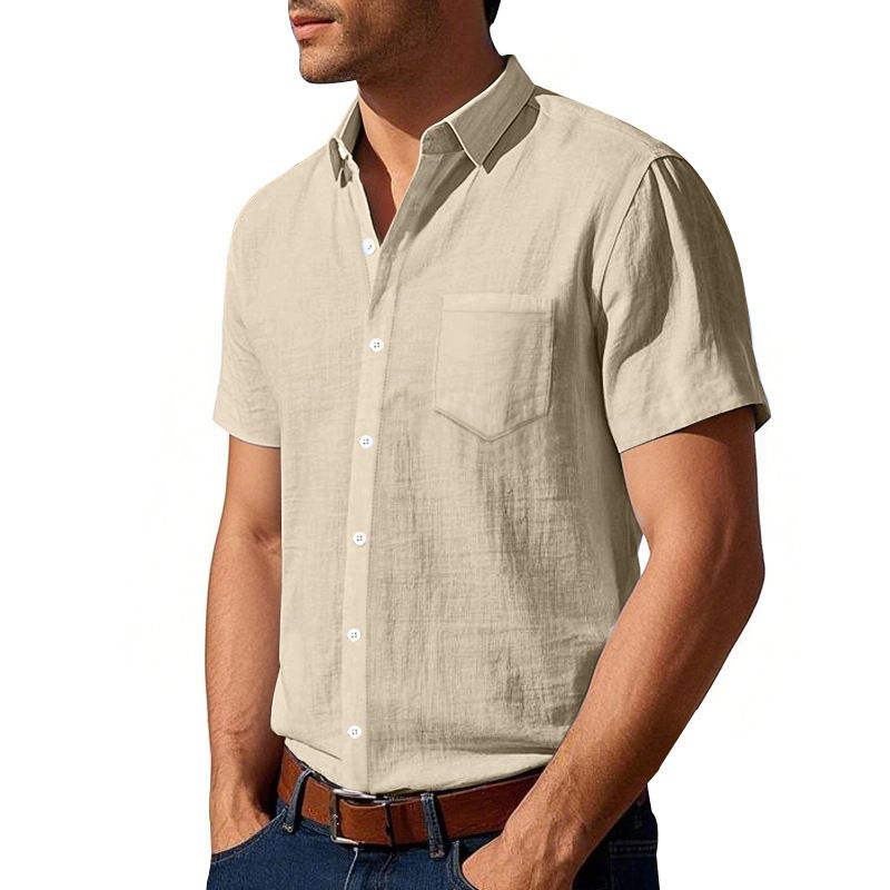 Summer Solid Color Linen Lapel Short Sleeved Shirt for Men Loose Casual Pocket Shirt
