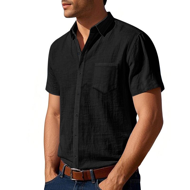 Summer Solid Color Linen Lapel Short Sleeved Shirt for Men Loose Casual Pocket Shirt
