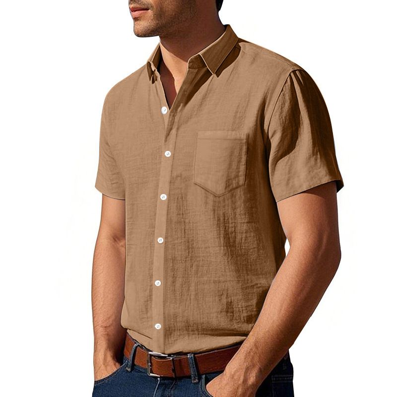 Summer Solid Color Linen Lapel Short Sleeved Shirt for Men Loose Casual Pocket Shirt