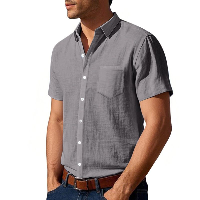 Summer Solid Color Linen Lapel Short Sleeved Shirt for Men Loose Casual Pocket Shirt