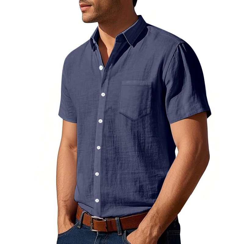 Summer Solid Color Linen Lapel Short Sleeved Shirt for Men Loose Casual Pocket Shirt