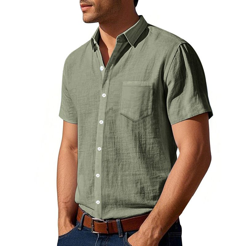 Summer Solid Color Linen Lapel Short Sleeved Shirt for Men Loose Casual Pocket Shirt
