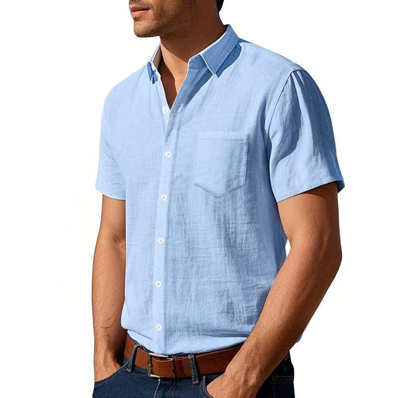 Summer Solid Color Linen Lapel Short Sleeved Shirt for Men Loose Casual Pocket Shirt