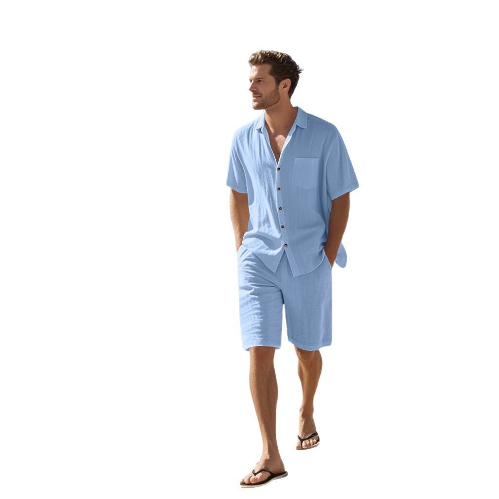 Factory Customized Printed Logo Linen Men's Shirts Set Plain Dyed Wholesale Short Sleeve Shirt and Shorts Summer Set for Men