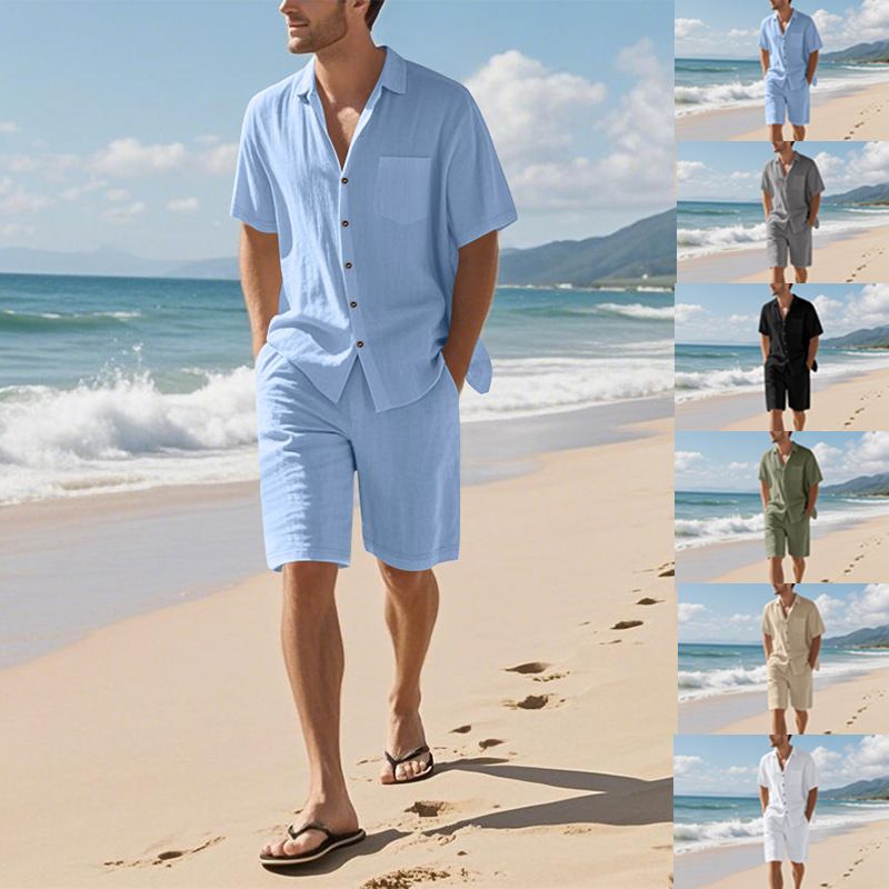 Factory Customized Printed Logo Linen Men's Shirts Set Plain Dyed Wholesale Short Sleeve Shirt and Shorts Summer Set for Men