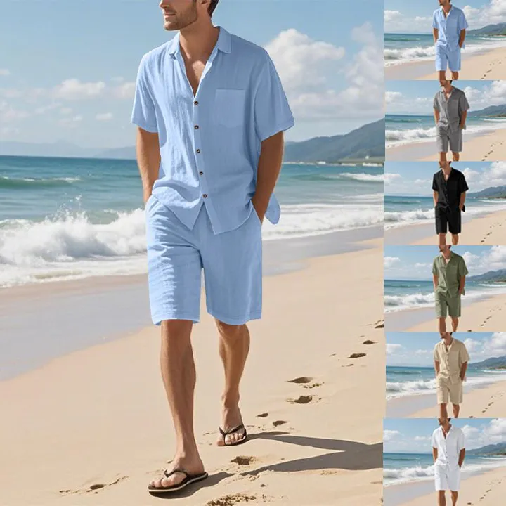 Factory Customized Printed Logo Linen Men's Shirts Set Plain Dyed Wholesale Short Sleeve Shirt and Shorts Summer Set for Men