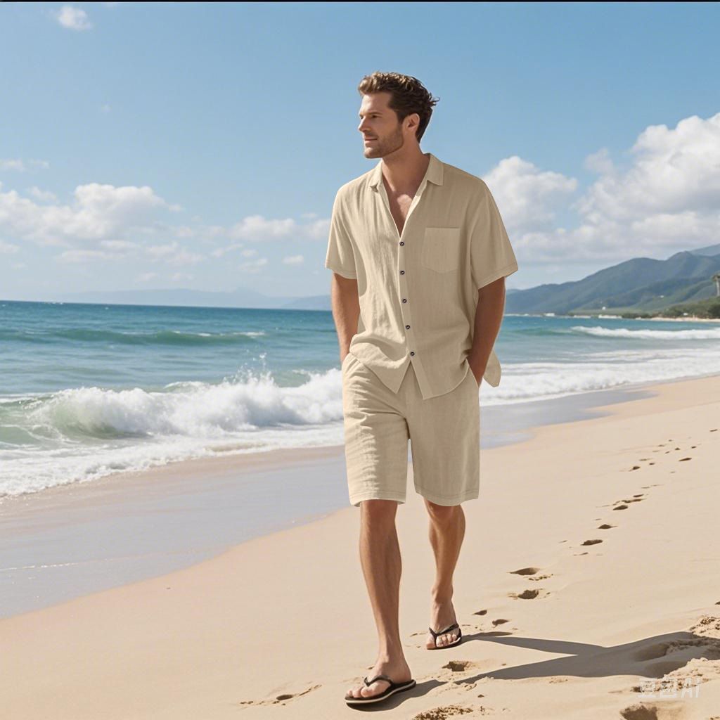 Factory Customized Printed Logo Linen Men's Shirts Set Plain Dyed Wholesale Short Sleeve Shirt and Shorts Summer Set for Men