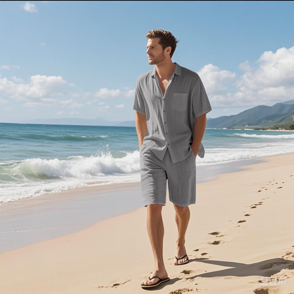Factory Customized Printed Logo Linen Men's Shirts Set Plain Dyed Wholesale Short Sleeve Shirt and Shorts Summer Set for Men