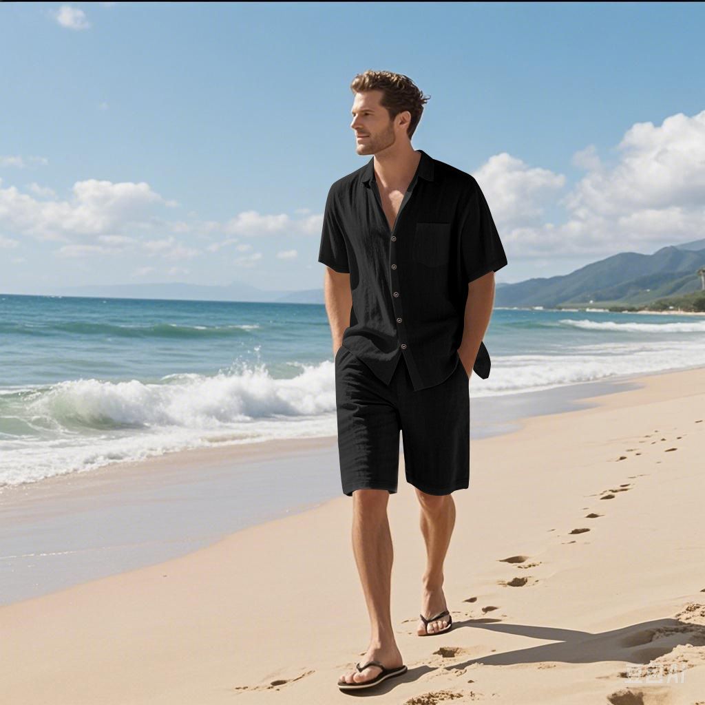 Factory Customized Printed Logo Linen Men's Shirts Set Plain Dyed Wholesale Short Sleeve Shirt and Shorts Summer Set for Men
