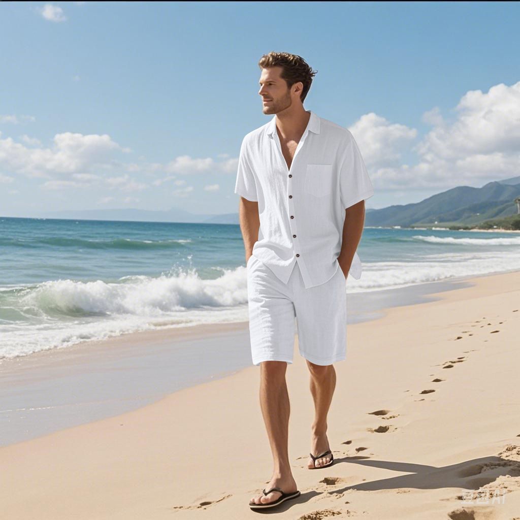 Factory Customized Printed Logo Linen Men's Shirts Set Plain Dyed Wholesale Short Sleeve Shirt and Shorts Summer Set for Men
