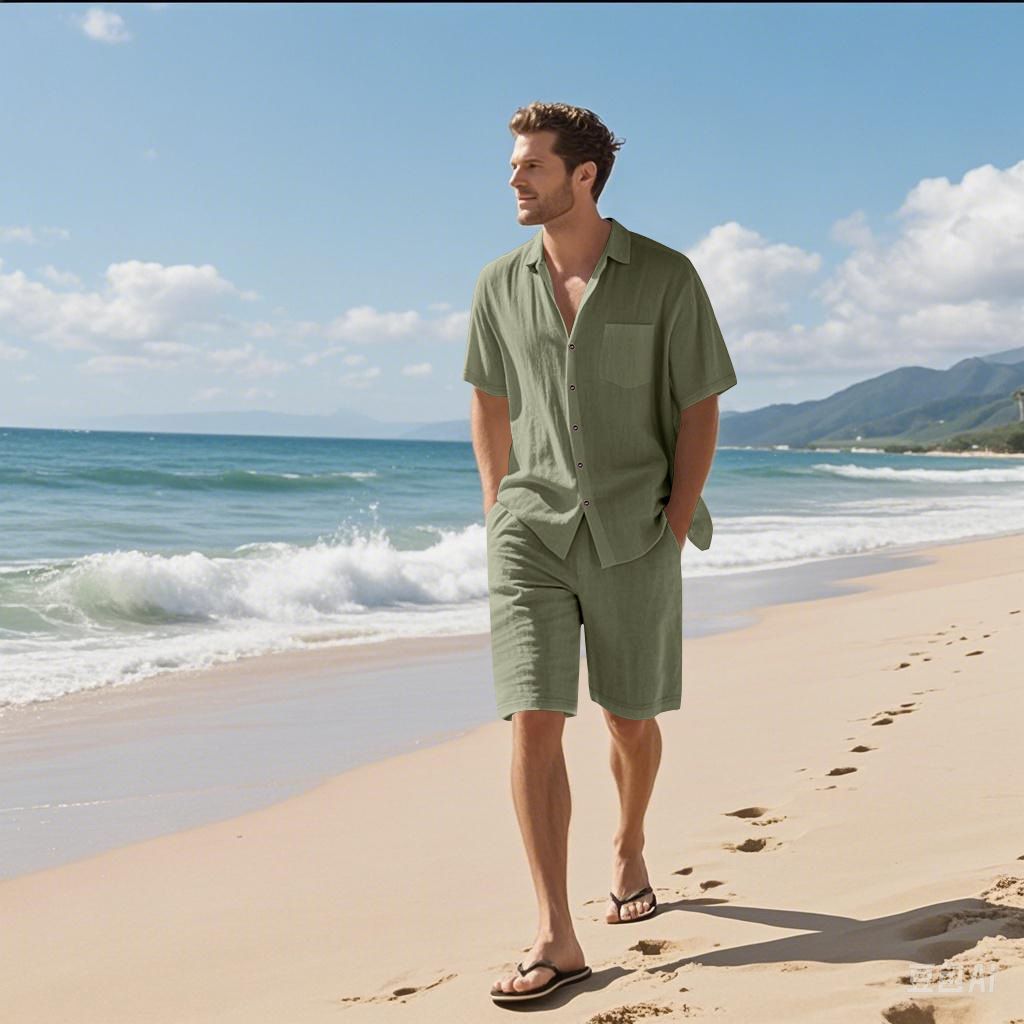 Factory Customized Printed Logo Linen Men's Shirts Set Plain Dyed Wholesale Short Sleeve Shirt and Shorts Summer Set for Men