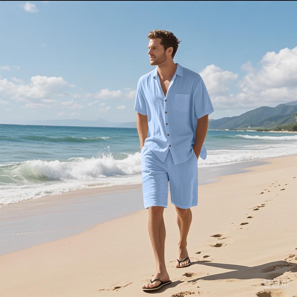 Factory Customized Printed Logo Linen Men's Shirts Set Plain Dyed Wholesale Short Sleeve Shirt and Shorts Summer Set for Men