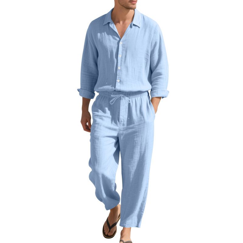Summer Short Set for Men Short Sleeve Long Pants Sleepwear Suits Pajamas Men Sleepwear Spring Summer Plain Dyed Two-Piece Outfits