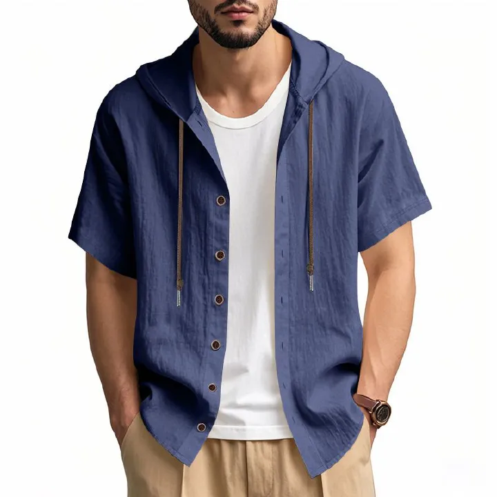 Summer Men Solid Color Linen Hoodie Tops Short Sleeve Button up Drawstring Hooded T Shirts