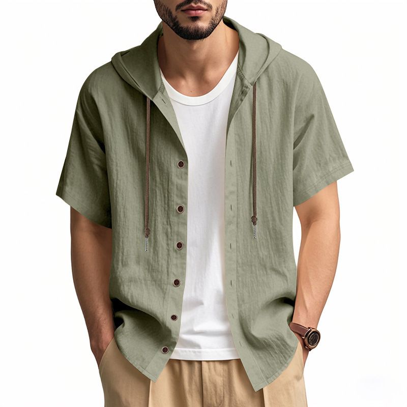Summer Men Solid Color Linen Hoodie Tops Short Sleeve Button up Drawstring Hooded T Shirts