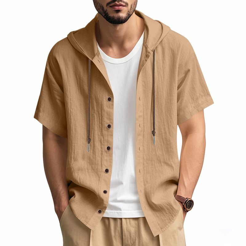 Summer Men Solid Color Linen Hoodie Tops Short Sleeve Button up Drawstring Hooded T Shirts