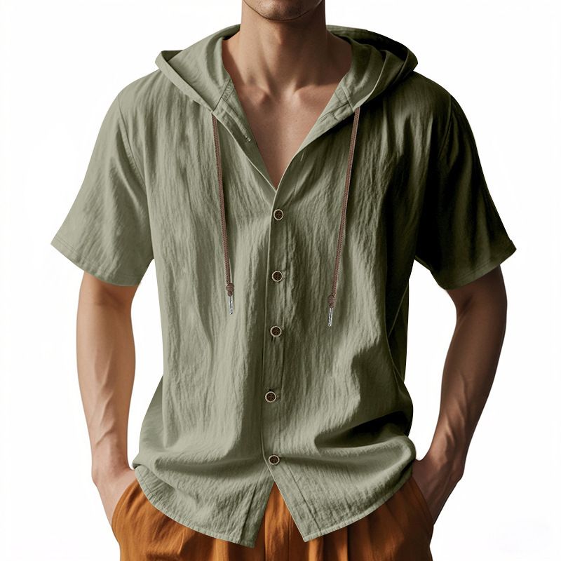 Summer Men Solid Color Linen Hoodie Tops Short Sleeve Button up Drawstring Hooded T Shirts
