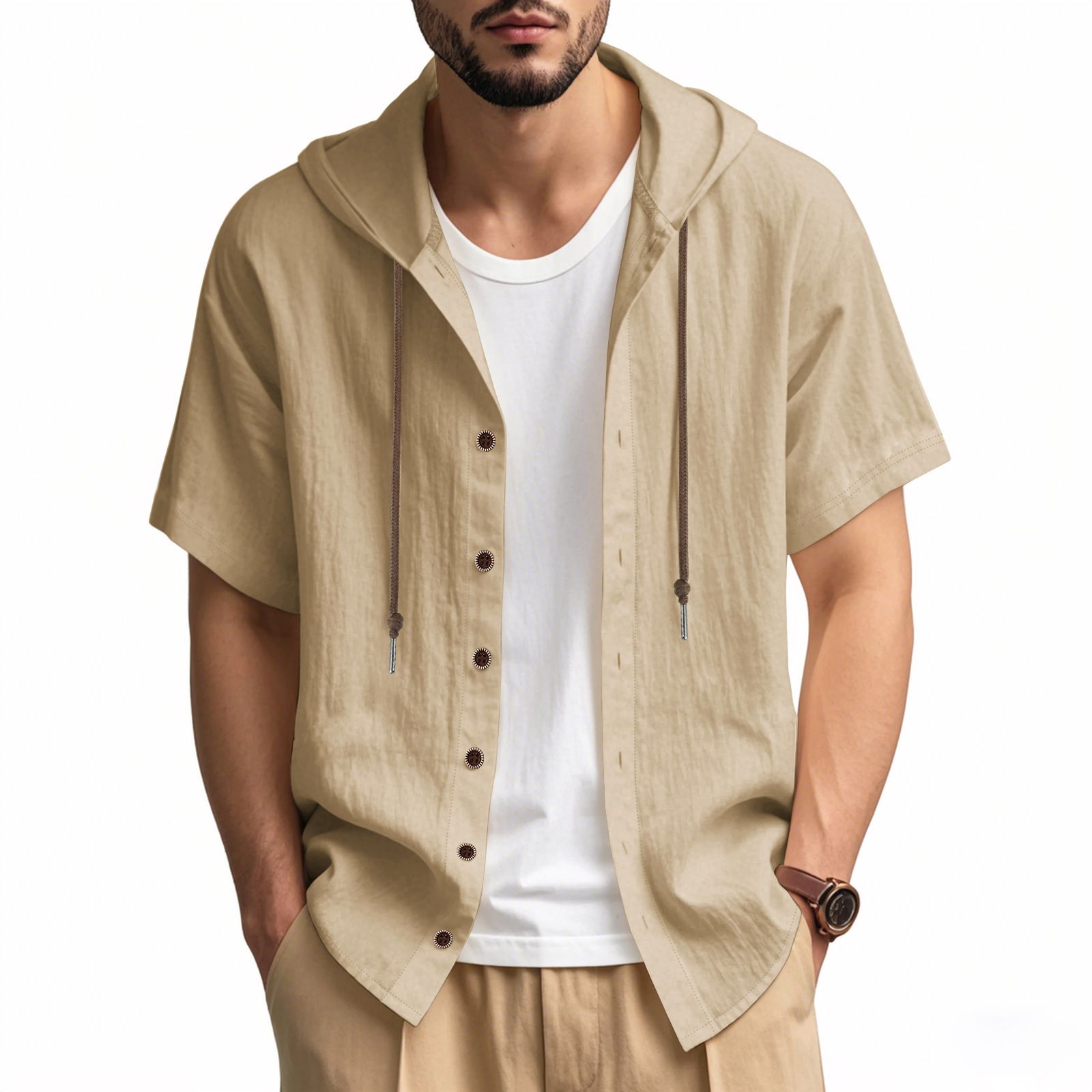 Summer Men Solid Color Linen Hoodie Tops Short Sleeve Button up Drawstring Hooded T Shirts