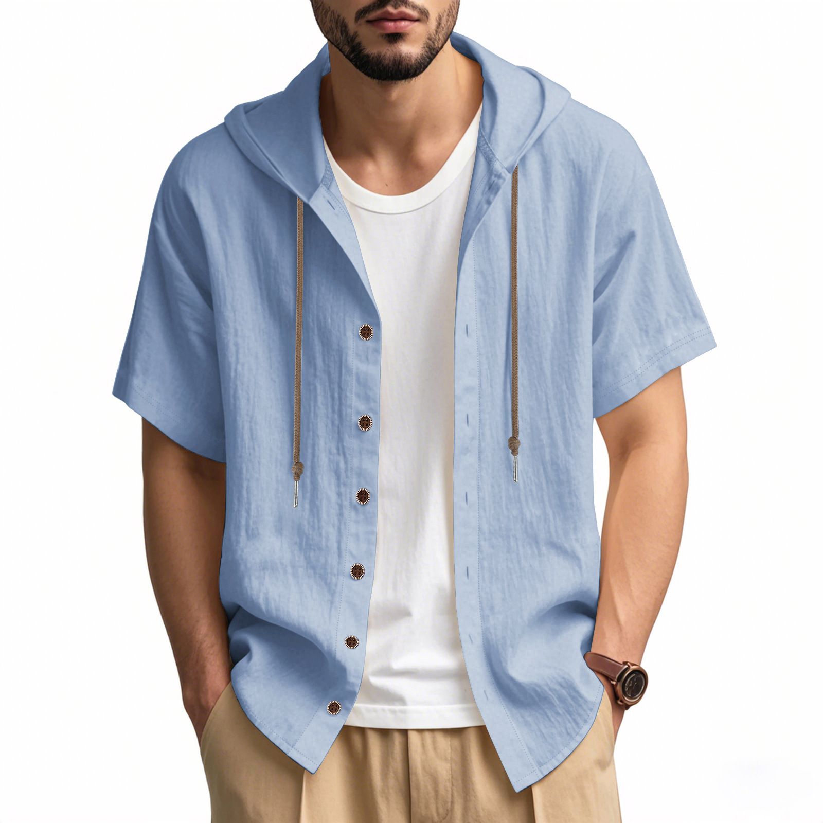 Summer Men Solid Color Linen Hoodie Tops Short Sleeve Button up Drawstring Hooded T Shirts