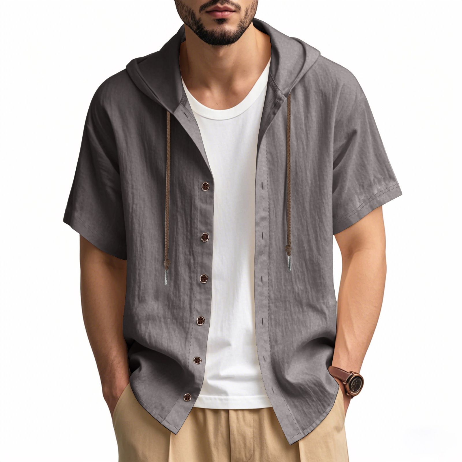 Summer Men Solid Color Linen Hoodie Tops Short Sleeve Button up Drawstring Hooded T Shirts
