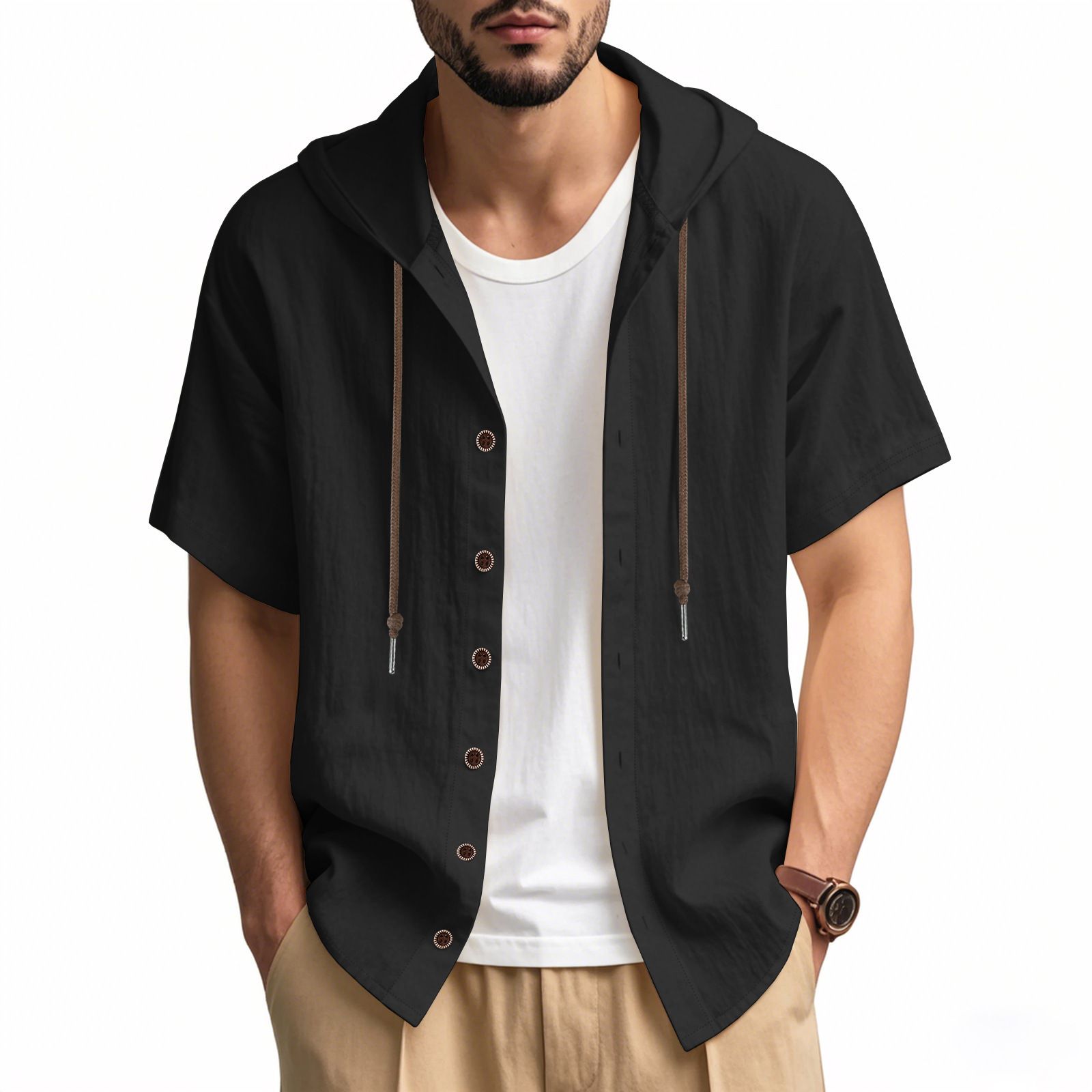 Summer Men Solid Color Linen Hoodie Tops Short Sleeve Button up Drawstring Hooded T Shirts