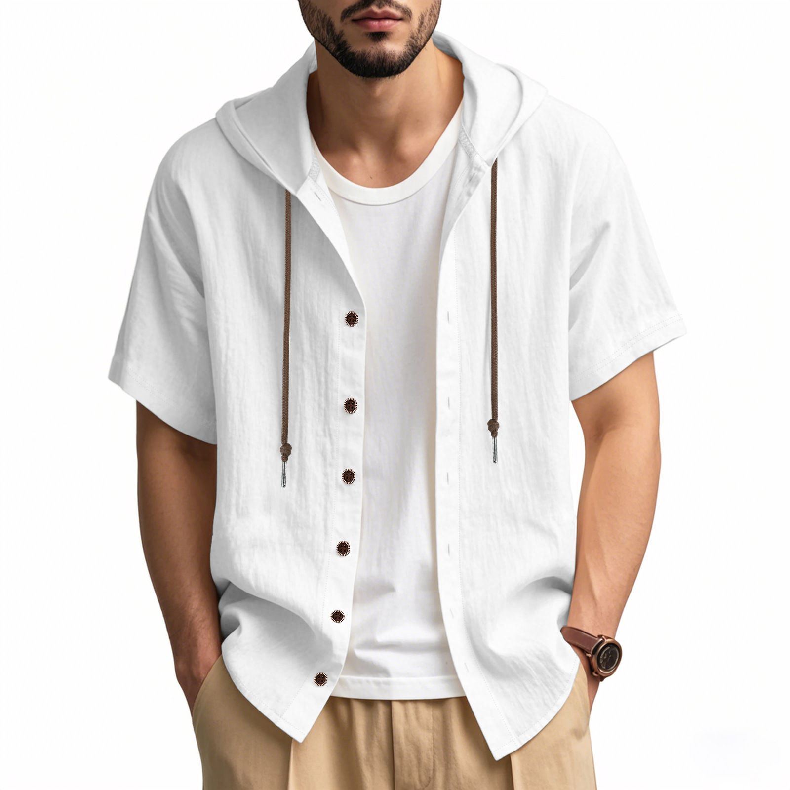 Summer Men Solid Color Linen Hoodie Tops Short Sleeve Button up Drawstring Hooded T Shirts