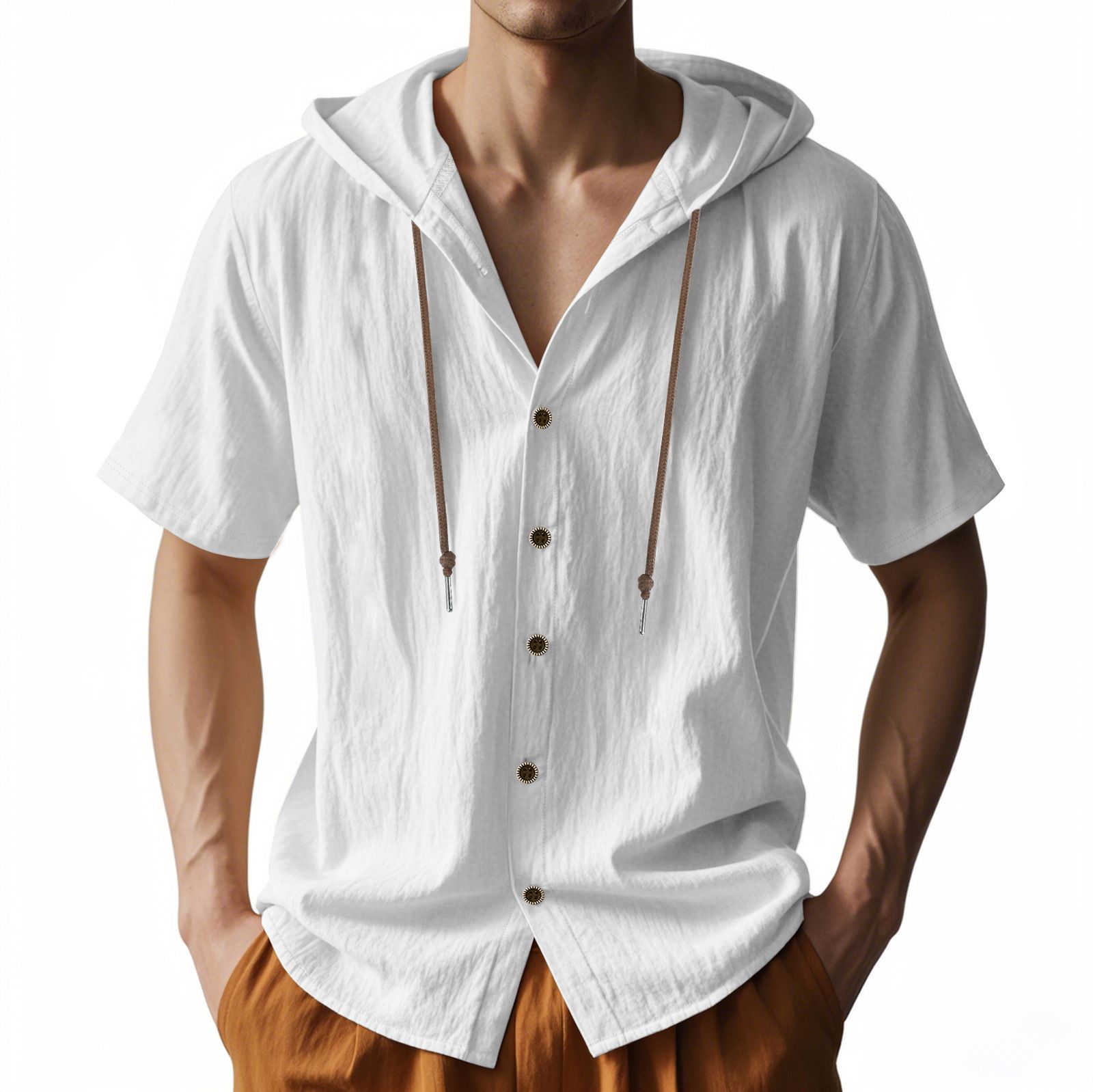 Summer Men Solid Color Linen Hoodie Tops Short Sleeve Button up Drawstring Hooded T Shirts