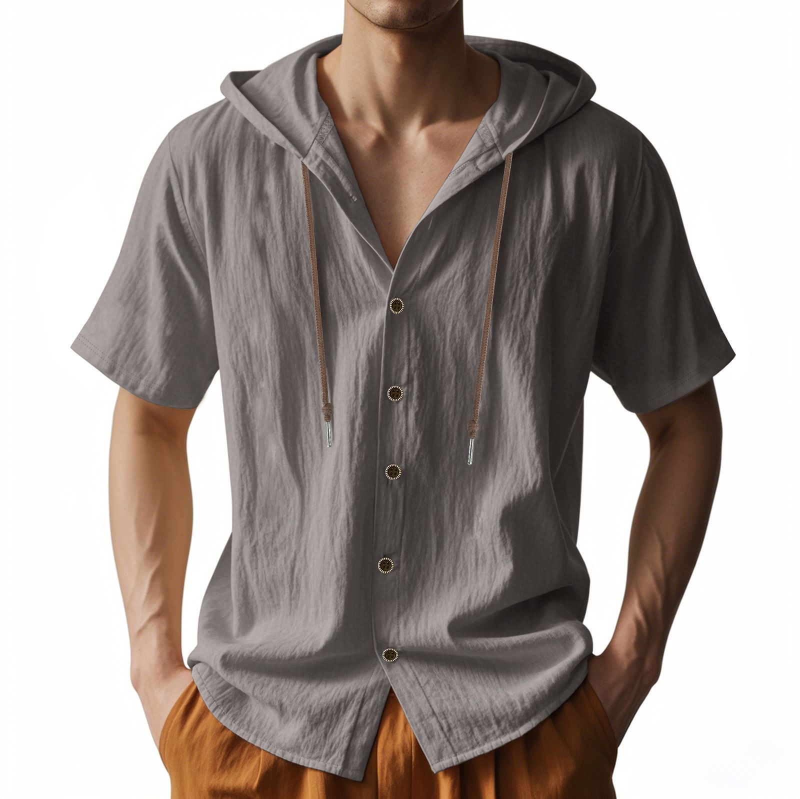 Summer Men Solid Color Linen Hoodie Tops Short Sleeve Button up Drawstring Hooded T Shirts