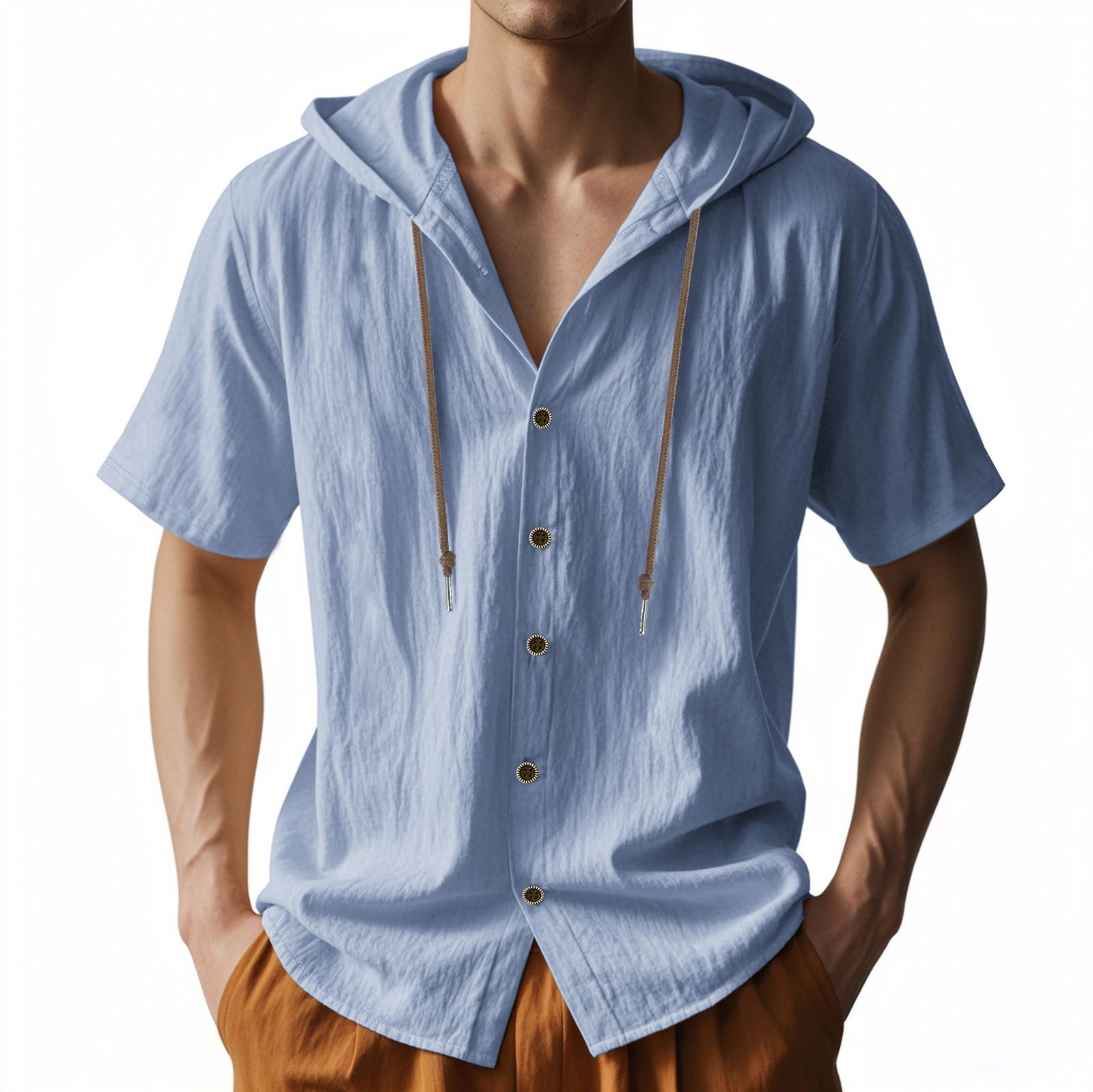 Summer Men Solid Color Linen Hoodie Tops Short Sleeve Button up Drawstring Hooded T Shirts