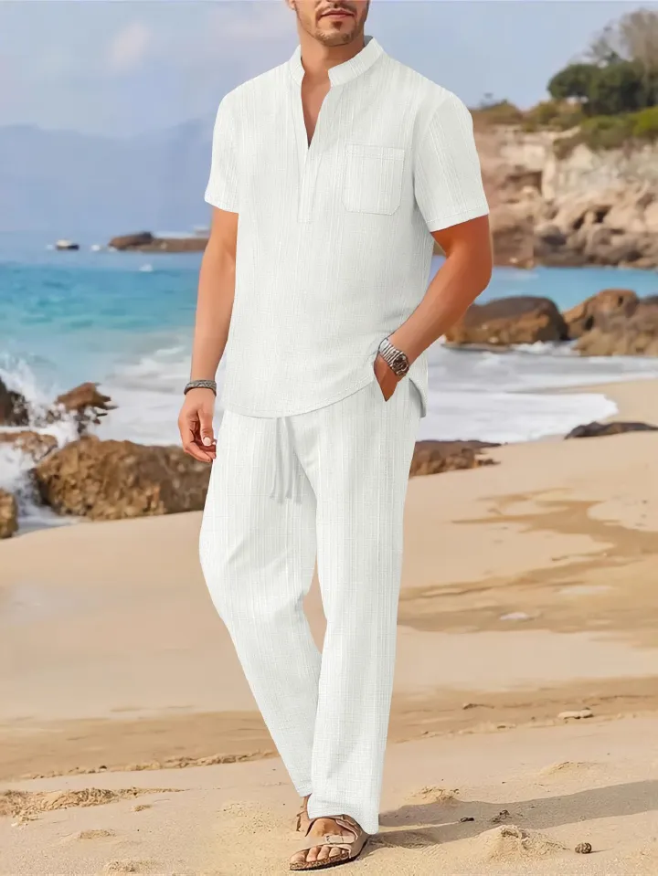 Spring and Summer New Men's Loose Casual Cotton Linen Short Sleeved Pants Set  Two-Piece Outfits