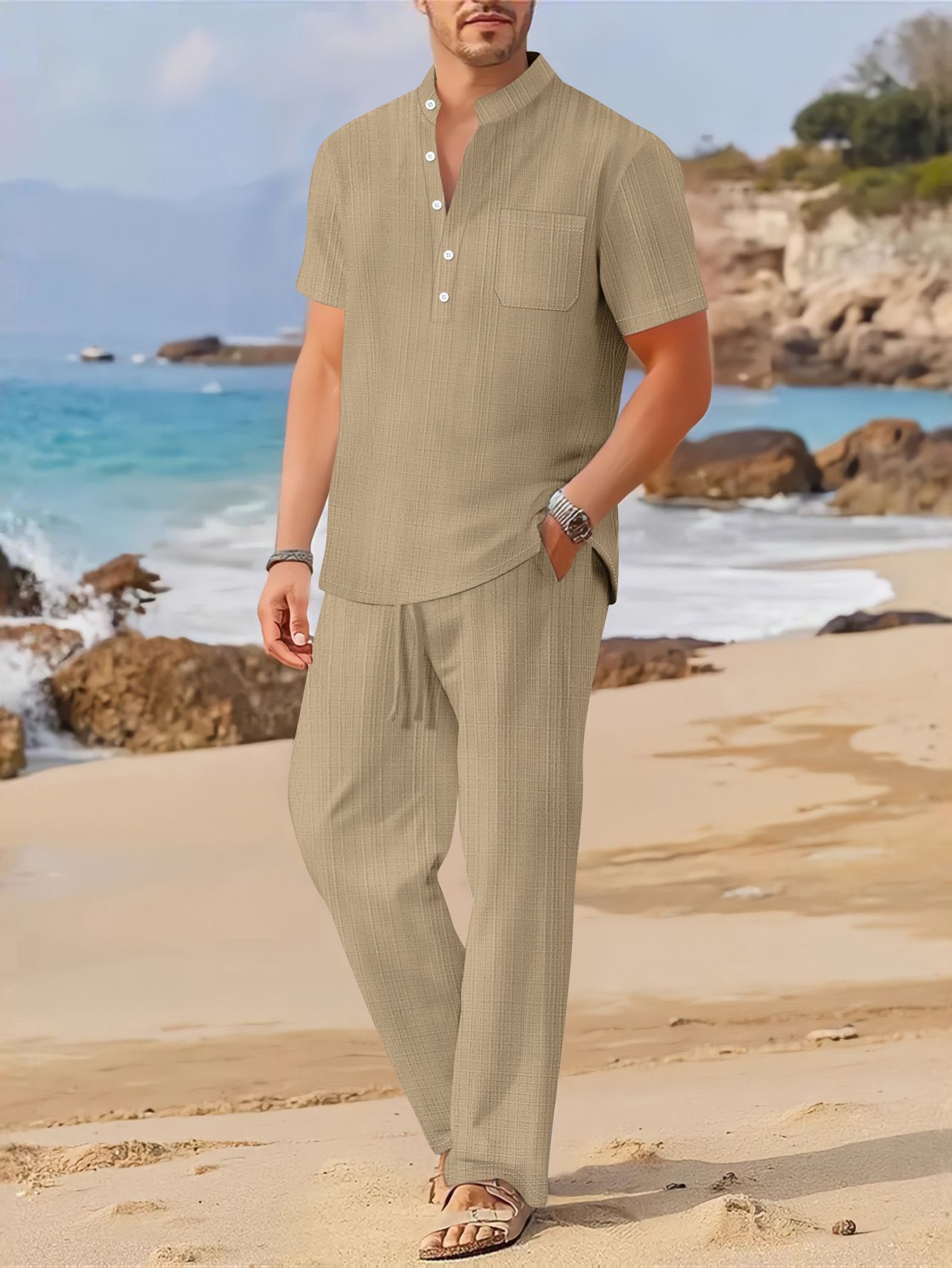 Spring and Summer New Men's Loose Casual Cotton Linen Short Sleeved Pants Set  Two-Piece Outfits