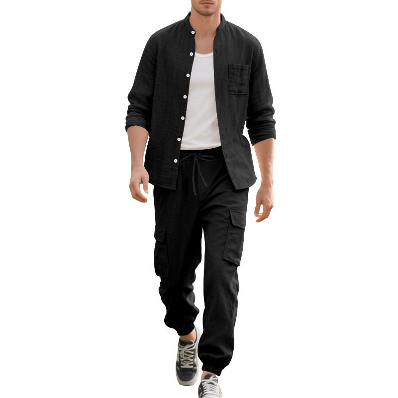 Men's Summer Linen Button Shirt Long-Sleeved Trousers Cardigan Casual Loose Beach Suit Men  Two-Piece Outfits