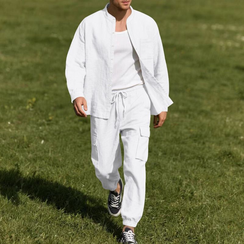 Men's Summer Linen Button Shirt Long-Sleeved Trousers Cardigan Casual Loose Beach Suit Men  Two-Piece Outfits