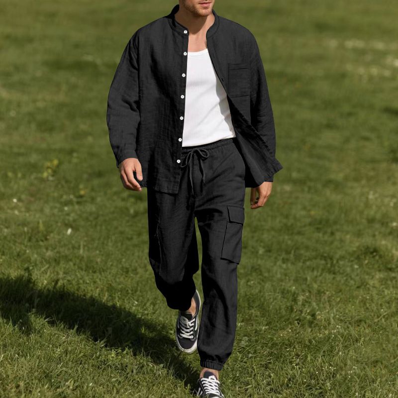 Men's Summer Linen Button Shirt Long-Sleeved Trousers Cardigan Casual Loose Beach Suit Men  Two-Piece Outfits