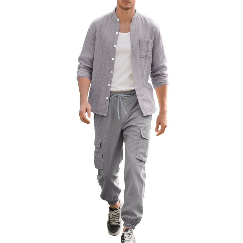 Men's Summer Linen Button Shirt Long-Sleeved Trousers Cardigan Casual Loose Beach Suit Men  Two-Piece Outfits