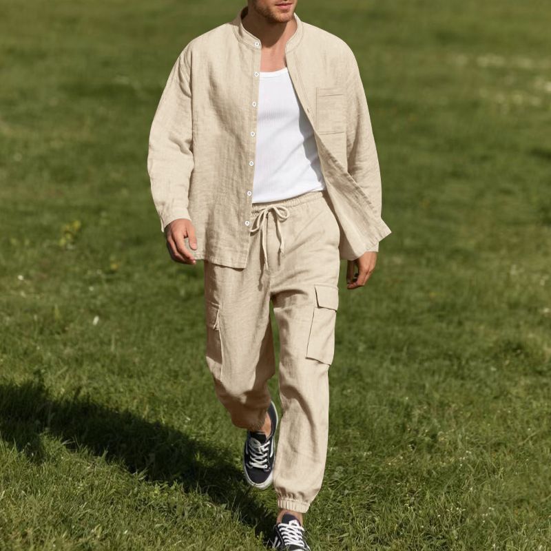Men's Summer Linen Button Shirt Long-Sleeved Trousers Cardigan Casual Loose Beach Suit Men  Two-Piece Outfits