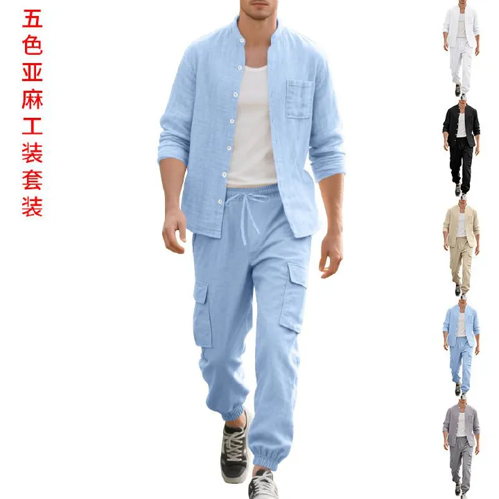 Men's Summer Linen Button Shirt Long-Sleeved Trousers Cardigan Casual Loose Beach Suit Men  Two-Piece Outfits